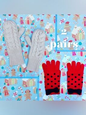 2 Pair Bundle ❉ GapKids Cable Knit Cream Mittens & Red Bow Polka Dot Gloves